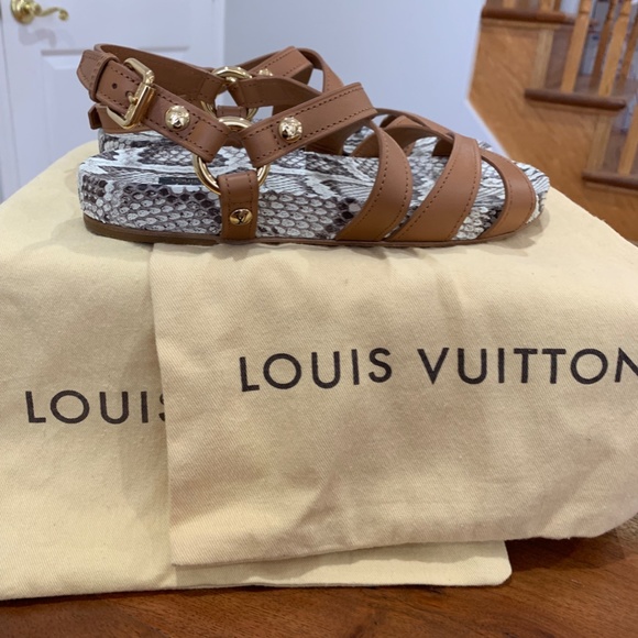 Louis Vuitton Python Sandals tan brown 36 6 snakeskin leather LV gold logo strap - Picture 2 of 16
